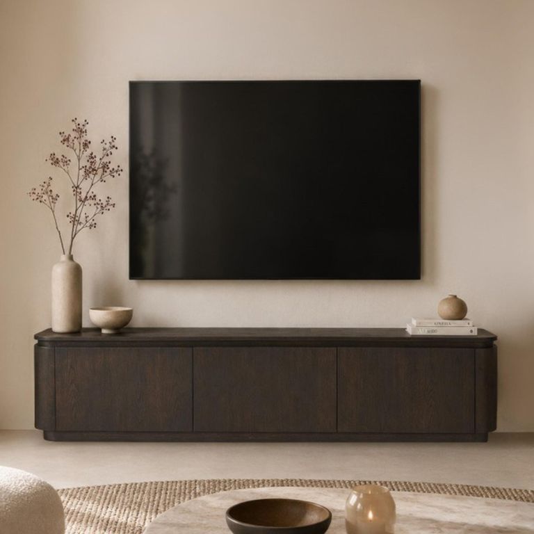 Rivano Oak Curved Floating TV Unit - 3 Door - 180cm - Medium - Wall Mounted - Basalt