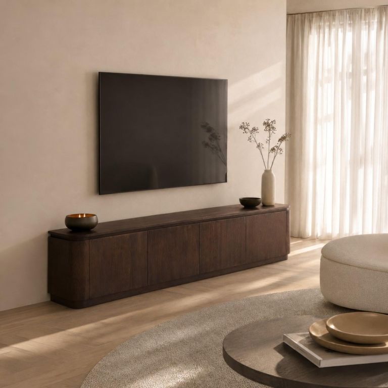 Rivano Oak Curved Floating TV Unit - 4 Door - 210cm - Large - Wall Mounted - Basalt