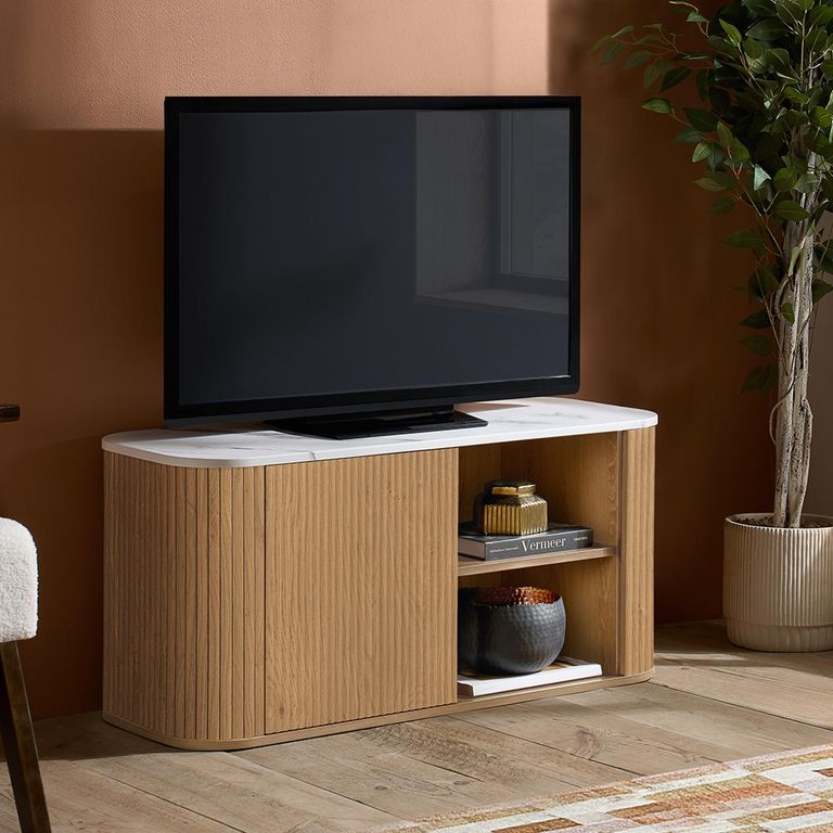 Russo Curved TV Cabinet - Fluted Base - 1 Door - 110cm - Compact - White and Natural - Marble Top and Wooden