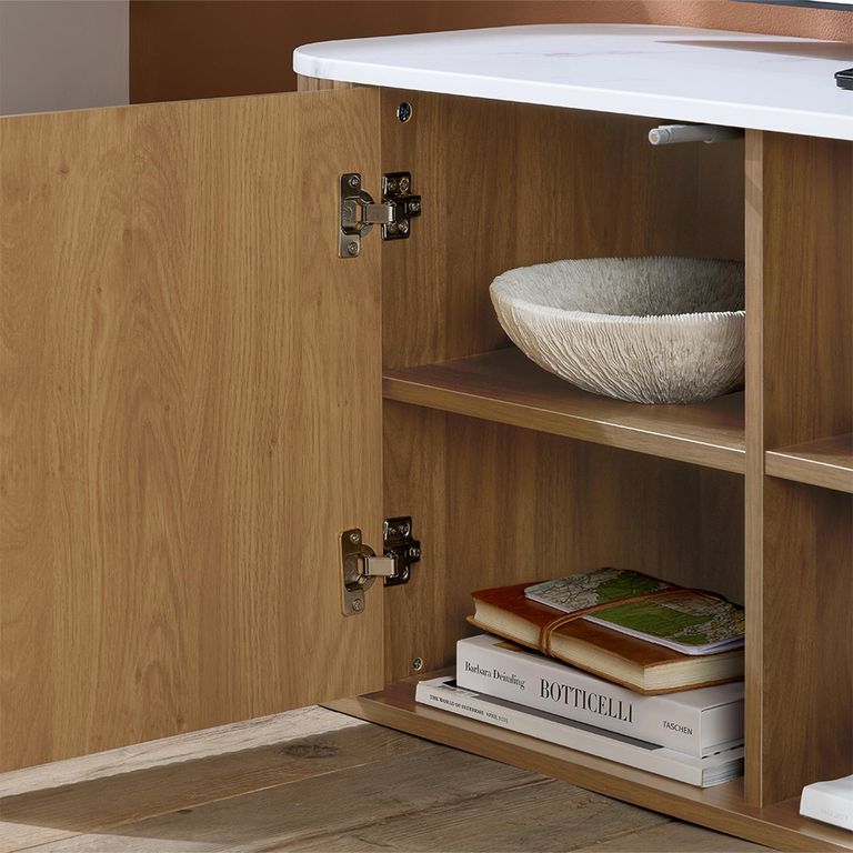 Russo Curved TV Cabinet - Fluted Base - 1 Door - 110cm - Compact - White and Natural - Marble Top and Wooden