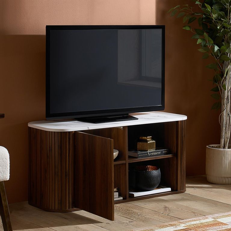 Russo Curved TV Cabinet - Fluted Base - 1 Door - 110cm - Compact - White and Walnut - Marble Top and Wooden