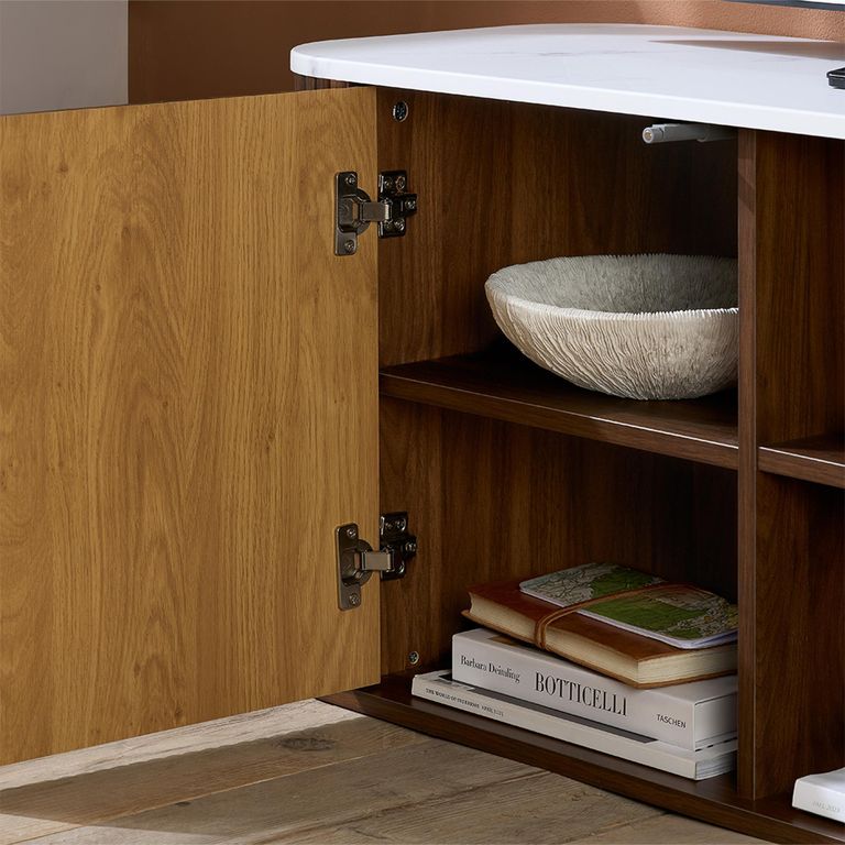 Russo Curved TV Cabinet - Fluted Base - 1 Door - 110cm - Compact - White and Walnut - Marble Top and Wooden