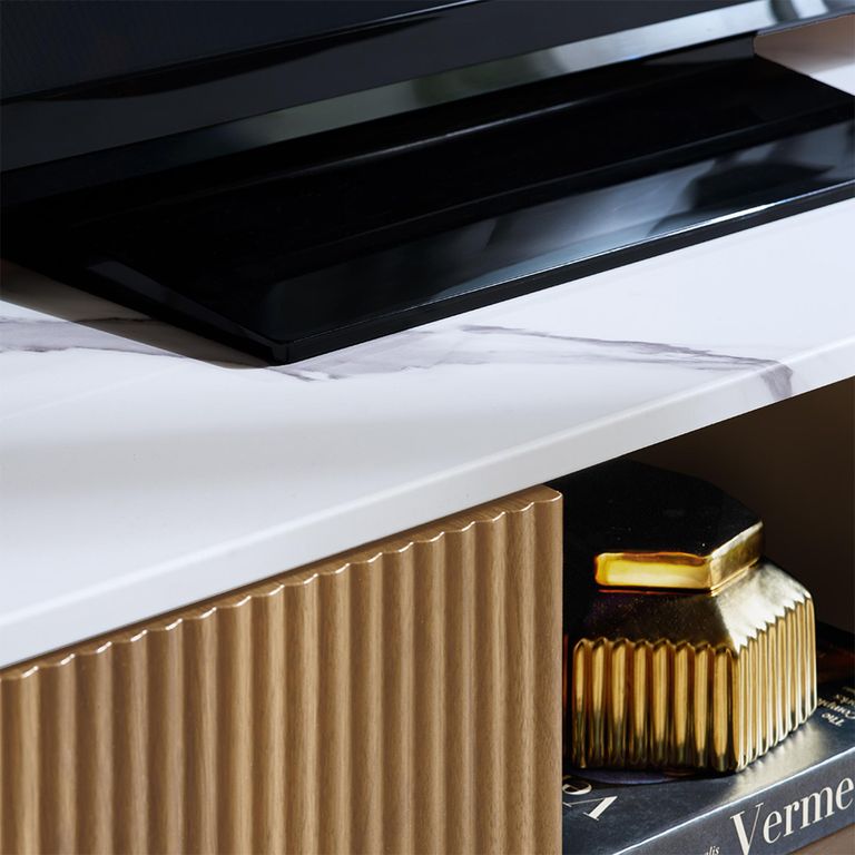 Russo Curved TV Cabinet - Fluted Base - 2 Door - 140cm - Medium - White and Natural - Marble Top and Wooden