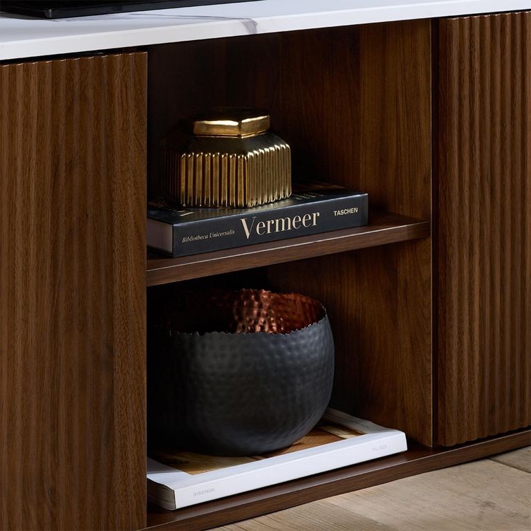 Russo Curved TV Cabinet - Fluted Base - 2 Door - 140cm - Medium - White and Walnut - Marble Top and Wooden