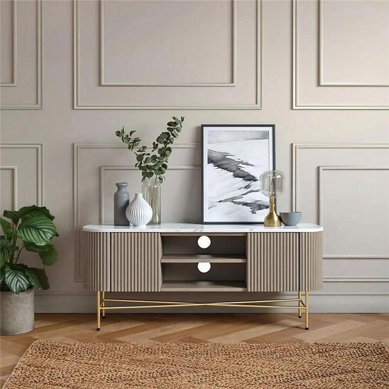 Clearance - Isabella Grey TV Unit - 150cm Curved Storage Fluted - White Marble Top - FSS17481