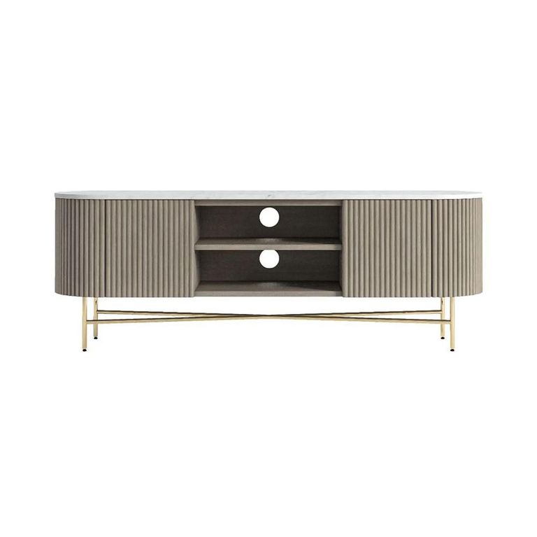 Clearance - Isabella Grey TV Unit - 150cm Curved Storage Fluted - White Marble Top - FSS17481