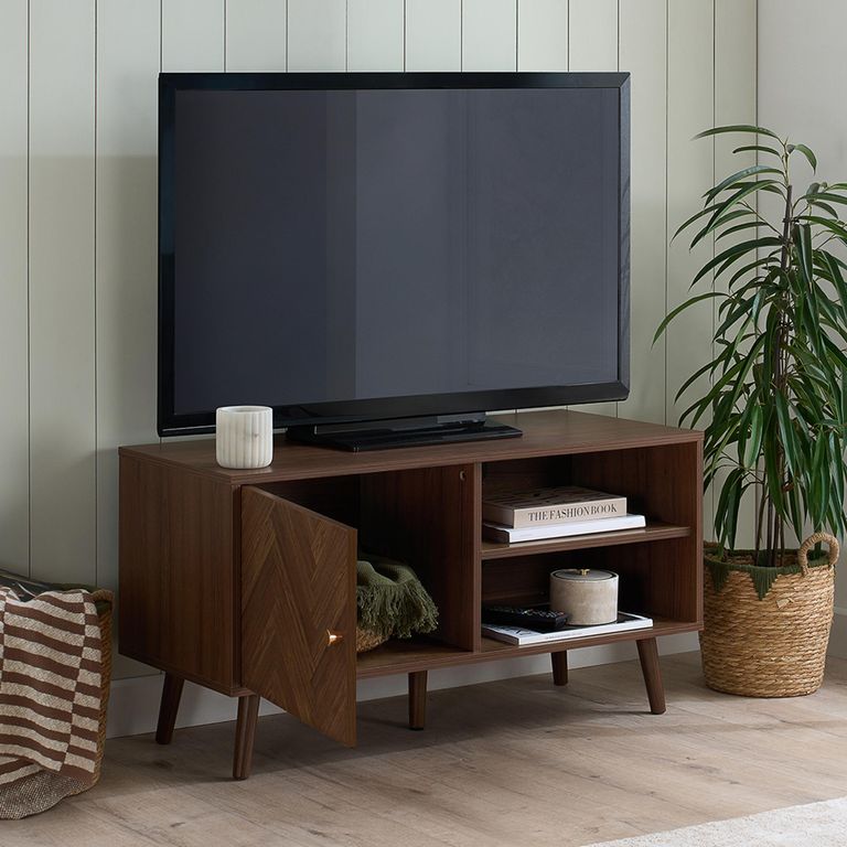 Herringford TV Unit - 1 Door - 100cm - Chevron - Compact - Walnut
