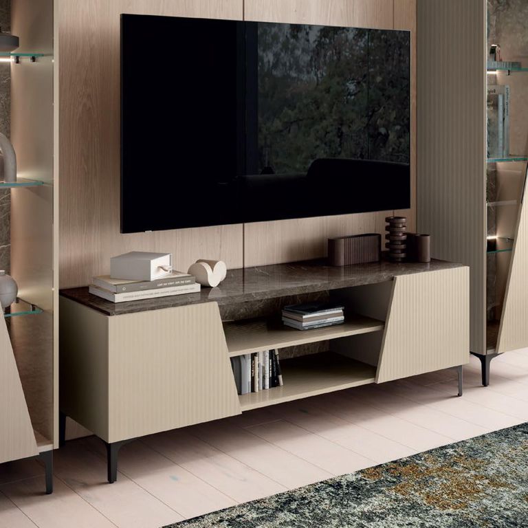Fidia Italian Fluted TV Unit - 2 Door - Large - Emperador Taupe - Marquinia Marble Effect