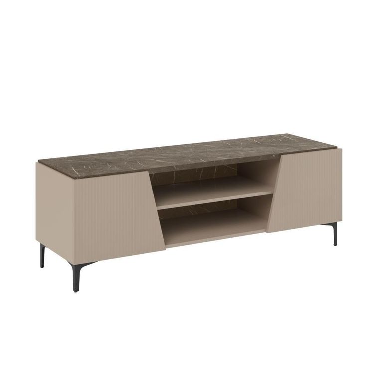 Fidia Italian Fluted TV Unit - 2 Door - Large - Emperador Taupe - Marquinia Marble Effect