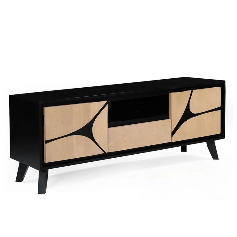 Boho TV Cabinet - 2 Door - 1 Drawer - 150cm - Medium - Geometric Design - Natural and Black - Mango Wood