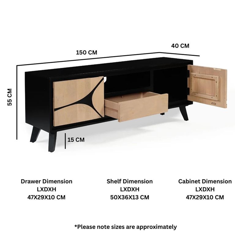 Boho TV Cabinet - 2 Door - 1 Drawer - 150cm - Medium - Geometric Design - Natural and Black - Mango Wood