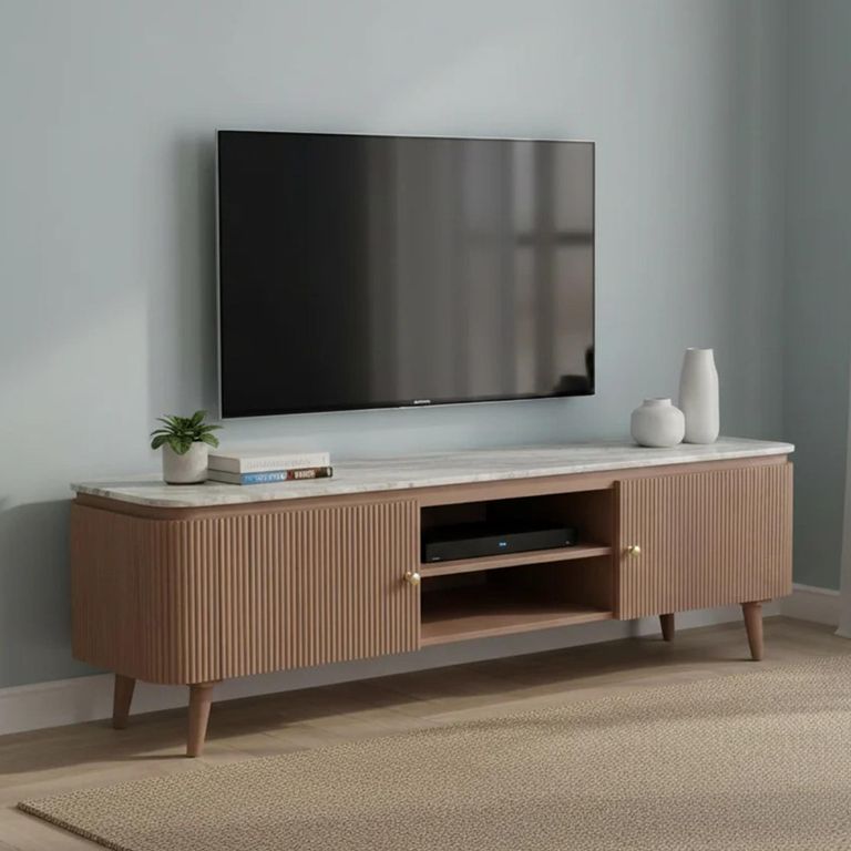 Ashford Curved TV Cabinet - 2 Door - 170cm - Large - Fluted - Pale Taupe - Marble Top and Mango Wood