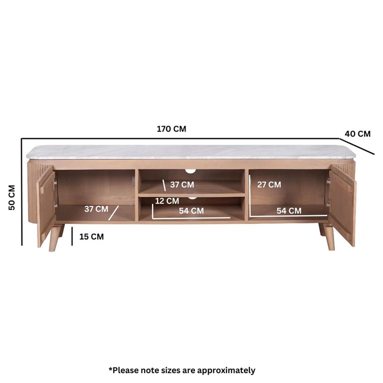 Ashford Curved TV Cabinet - 2 Door - 170cm - Large - Fluted - Pale Taupe - Marble Top and Mango Wood