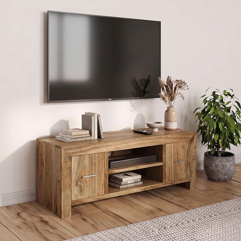Cube TV Unit - 2 Door - 112cm - Compact - Natural - Mango Wood
