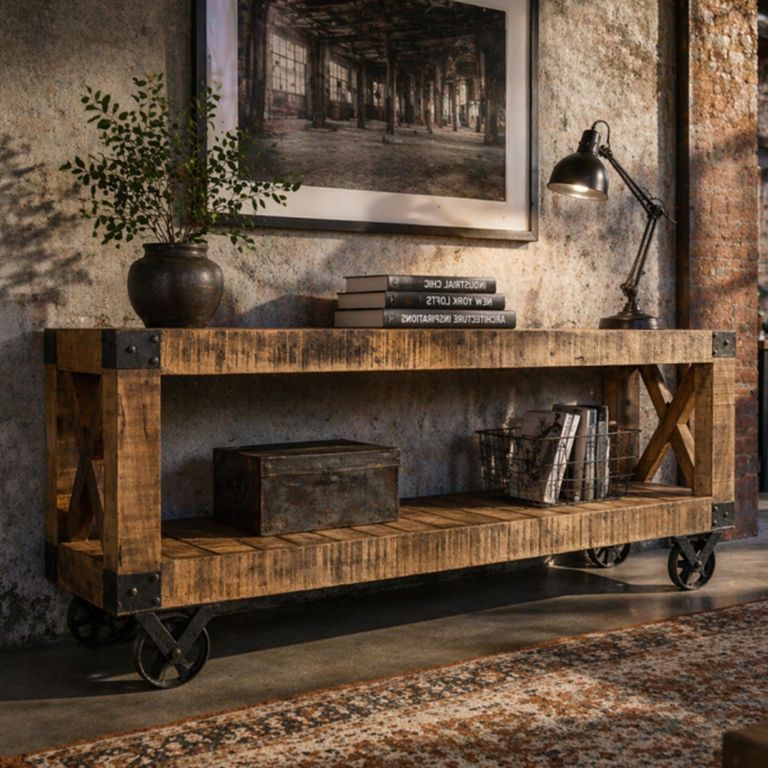 Industrial Rustic Mango Wood and Metal 120cm Small TV Cabinet on Wheels