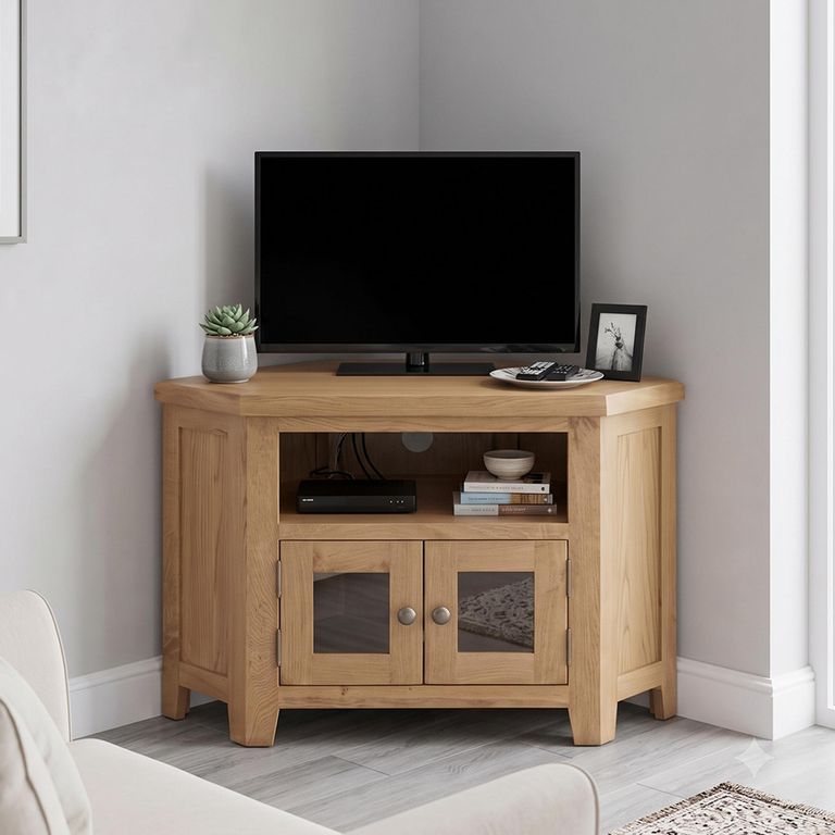 Melbourne Country Oak Corner Glazed TV Unit - 2 Door - 105cm - Compact - Rustic