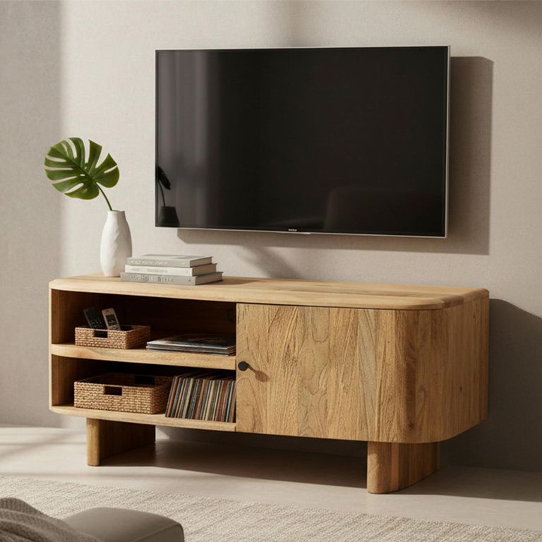 Sindhu Natural Mango Wood 110cm 1 Door Compact Curved TV Unit