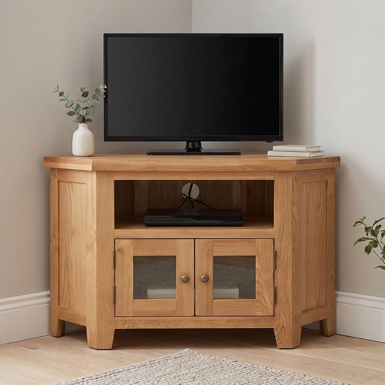 Melbourne Natural Oak 105cm 2 Door Compact Corner Glazed TV Unit
