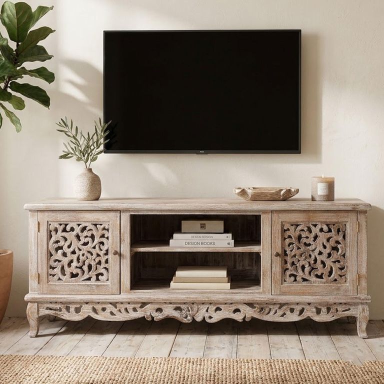 Lirax Distressed White Washed Carved Teak Wood 190cm 2 Door Medium TV Unit