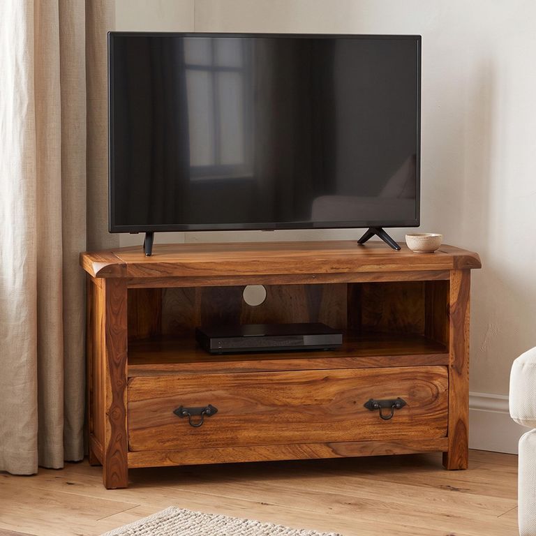 Vellar Sheesham Wood 100cm 1 Drawer Compact Corner TV Unit