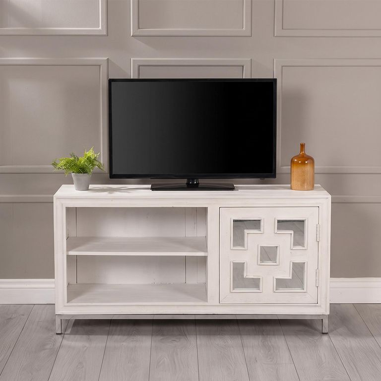Clearance - Geo White Mirrored Distressed White Wash Mango Wood 1 Door Small TV Unit