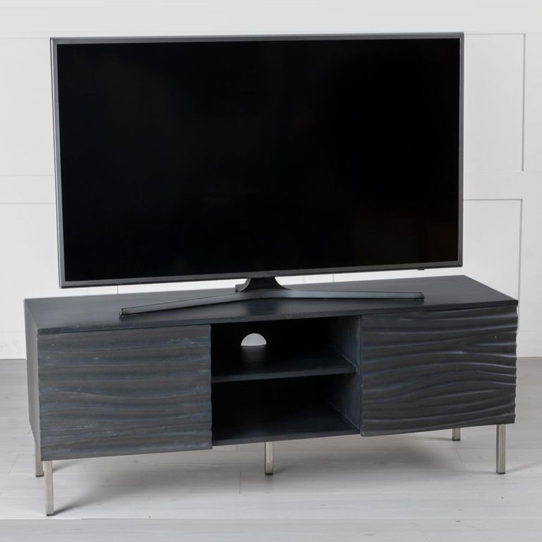Clearance - Wave Mango Wood TV Unit, Charcoal Grey Ripple Pattern 130cm Wide, Stand Upto 50in Plasma - 2 Door with 3 Shelf