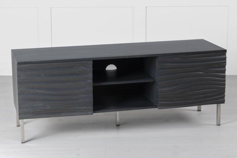 Clearance - Wave Mango Wood TV Unit, Charcoal Grey Ripple Pattern 130cm Wide, Stand Upto 50in Plasma - 2 Door with 3 Shelf
