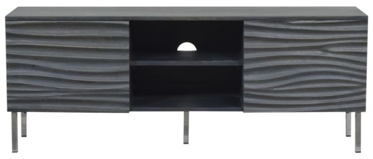 Clearance - Wave Mango Wood TV Unit, Charcoal Grey Ripple Pattern 130cm Wide, Stand Upto 50in Plasma - 2 Door with 3 Shelf