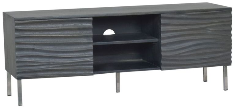 Clearance - Wave Mango Wood TV Unit, Charcoal Grey Ripple Pattern 130cm Wide, Stand Upto 50in Plasma - 2 Door with 3 Shelf