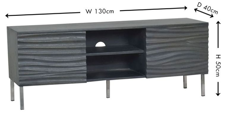 Clearance - Wave Mango Wood TV Unit, Charcoal Grey Ripple Pattern 130cm Wide, Stand Upto 50in Plasma - 2 Door with 3 Shelf