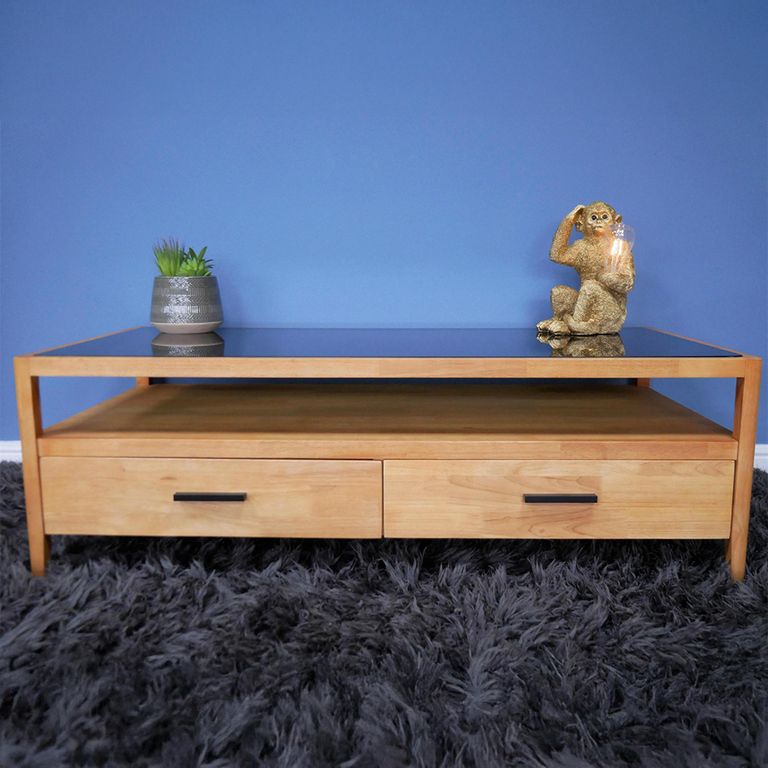 TV Unit - Wood and Black Glass - 2 Drawer