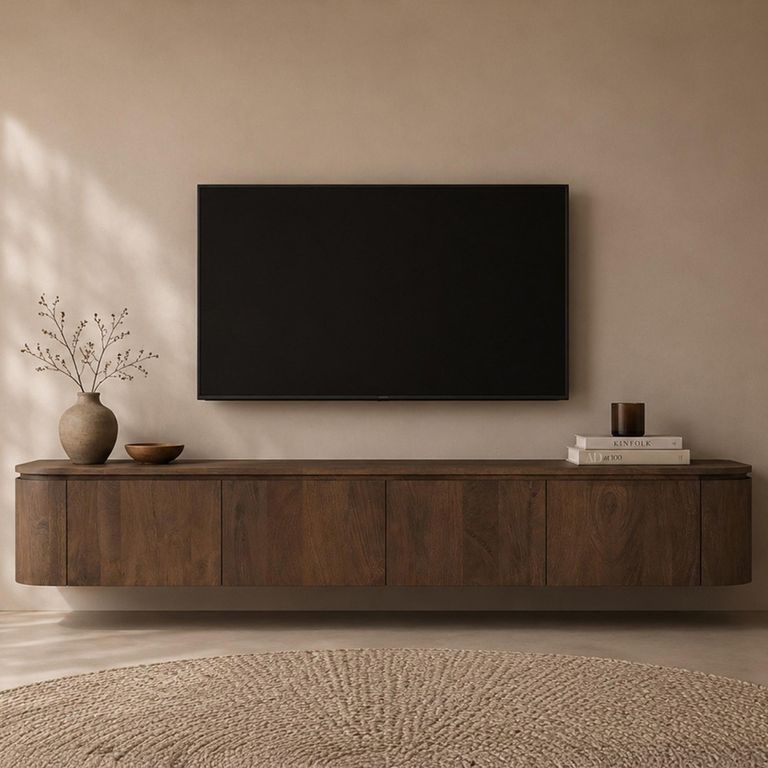 Elvano Curved Floating TV Unit - 4 Door - 220cm - Large - Wall Mounted - Malta - Mango Wood