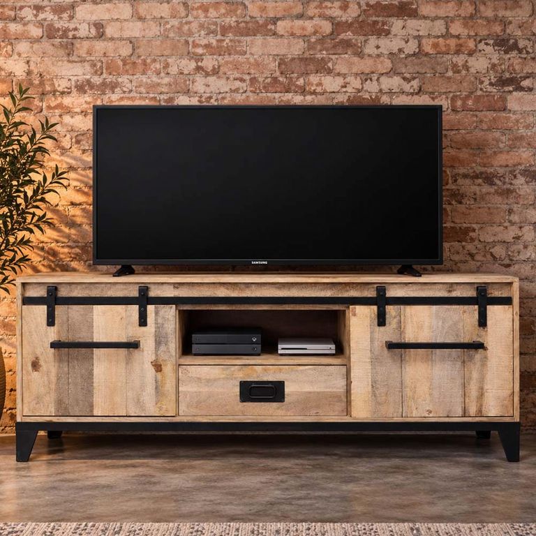 Industrial Mango Wood and Metal 160cm 2 Sliding Door 2 Door 1 Drawer Medium TV Cabinet