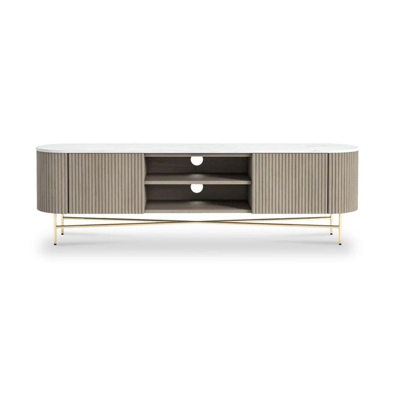 Isabella Grey TV Unit - 180cm Curved Storage Fluted - White Marble Top