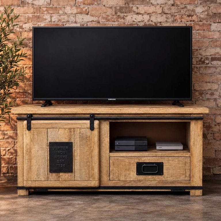 Jupiter Industrial Mango Wood 110cm 1 Sliding Door 1 Drawer Compact TV Cabinet