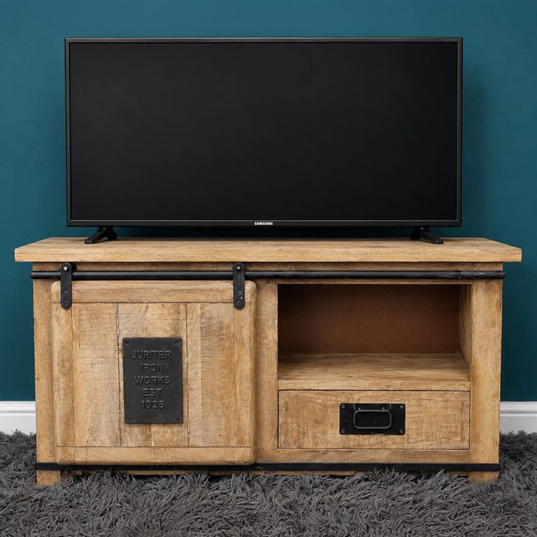 Jupiter Industrial TV Cabinet - 1 Sliding Door - 1 Drawer - 110cm - Compact - Mango Wood