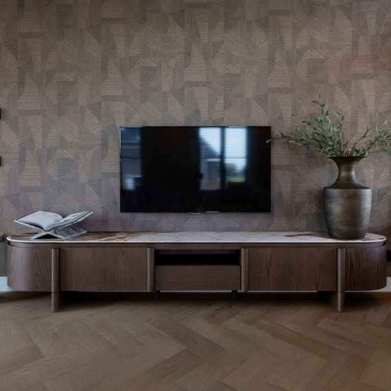 Langford Curved TV Cabinet - 2 Door - 220cm - Large - Brown - Ceramic and Oak