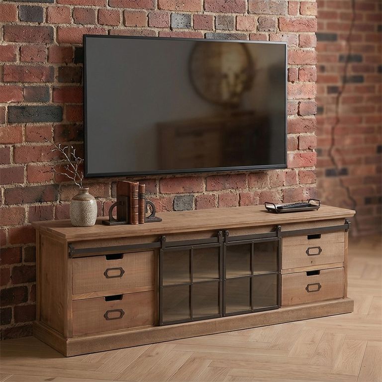 Mia TV Unit - 2 Sliding Door - 4 Drawer - 160cm - Medium - Natural Wood and Glass