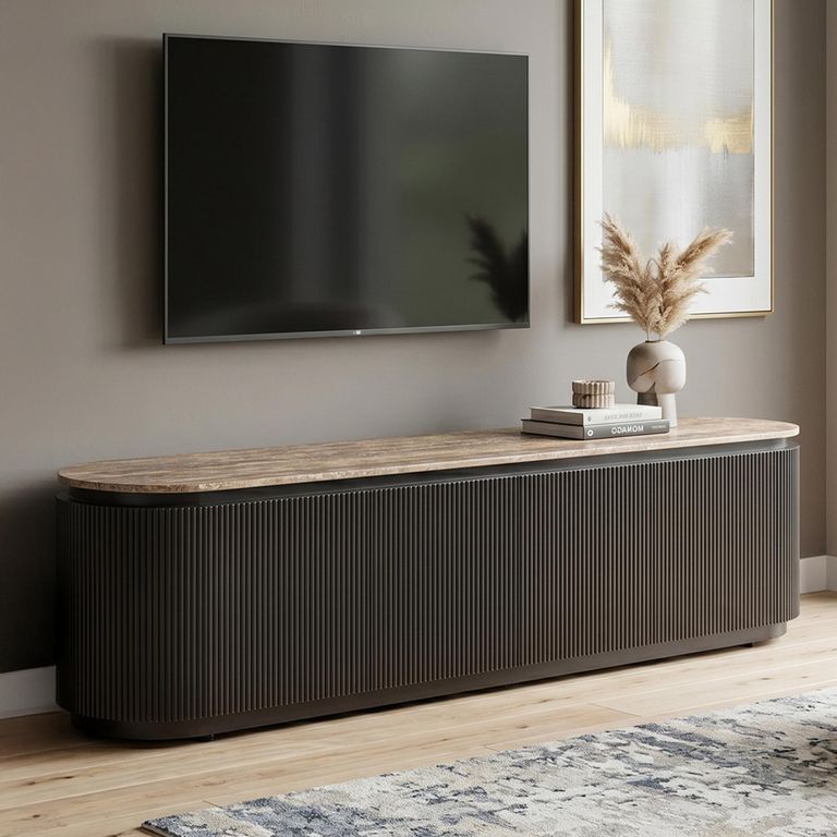 Russo Curved Fluted TV Cabinet - 4 Door - 200cm - Large - Ash Brown - Travertine Top