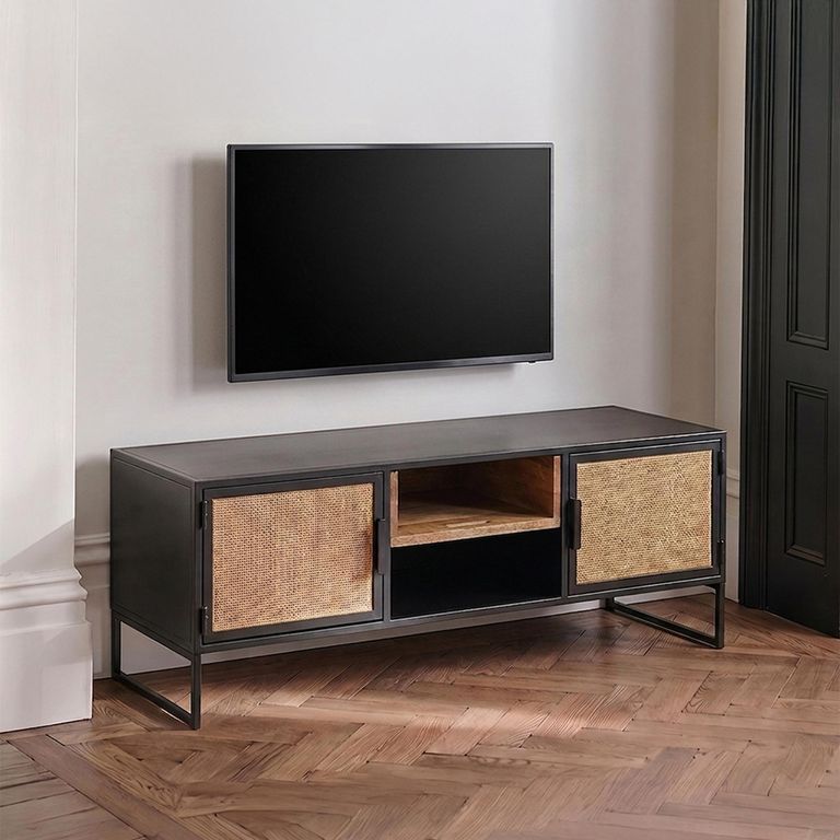 TV Unit - 2 Door - 122cm - Medium - Natural Rattan and Black Metal