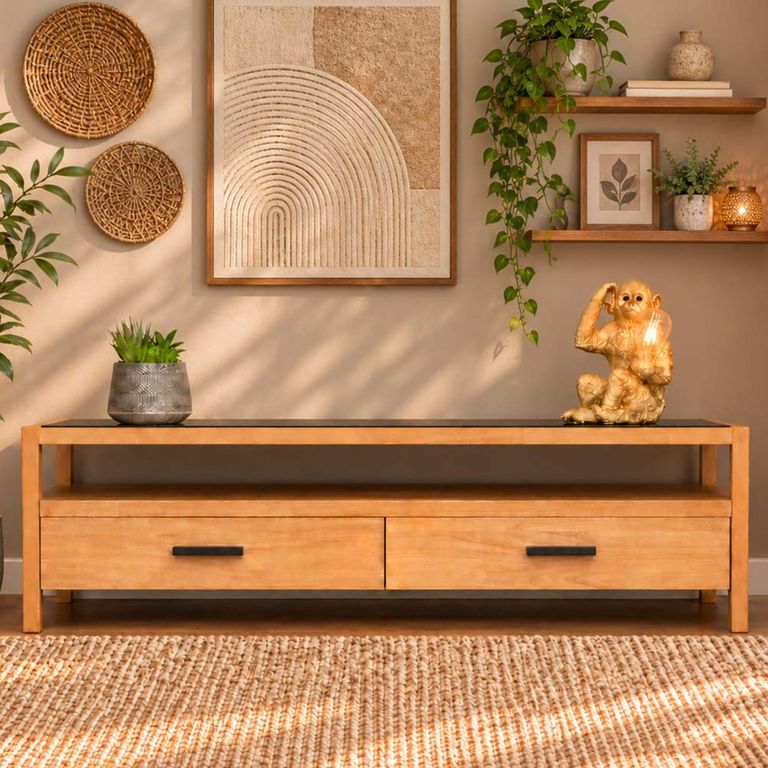 Wood and Black Glass 2 Drawer TV Unit