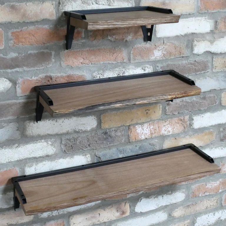 Wall Shelves - Set of 3 - Fir Wood and Metal
