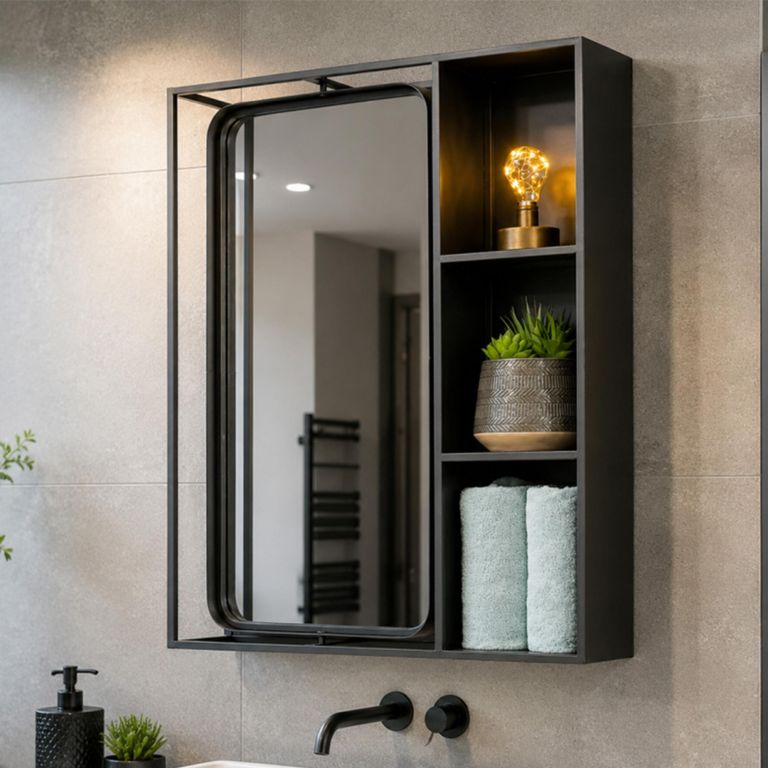 Industrial Black Metal Wall Unit with Mirror