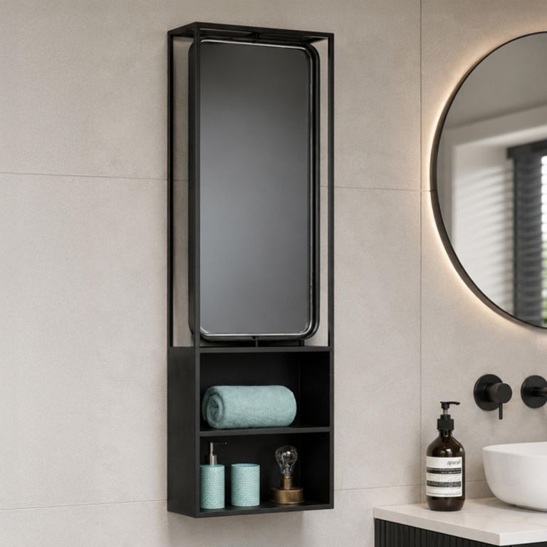Industrial Black Metal Wall Unit with Tall Mirror