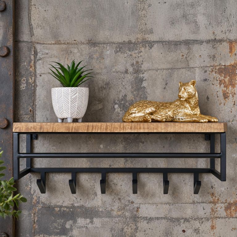 Shelf with Hooks Wood and Metal
