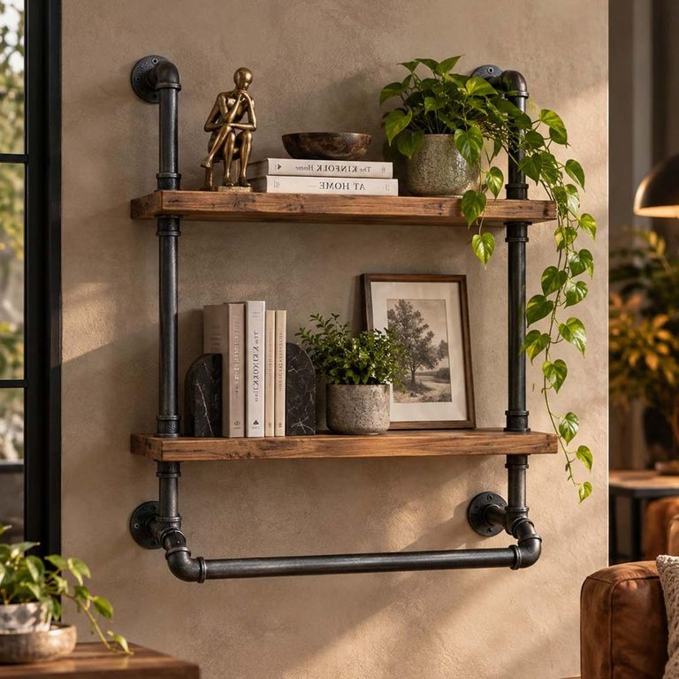 Black Metal Pipe Wall Shelf with 2 Wooden Shelves