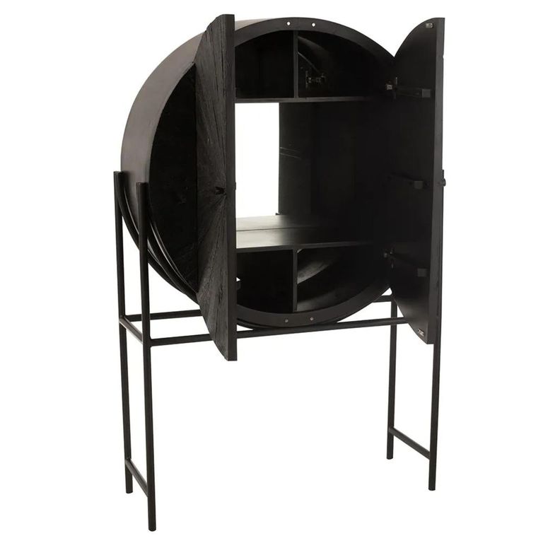 Shanil Bar Cabinet - 2 Door - Sunburst Desgin - Black - Recycled Sleeper Wood and Metal