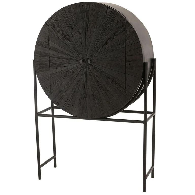 Shanil Bar Cabinet - 2 Door - Sunburst Desgin - Black - Recycled Sleeper Wood and Metal