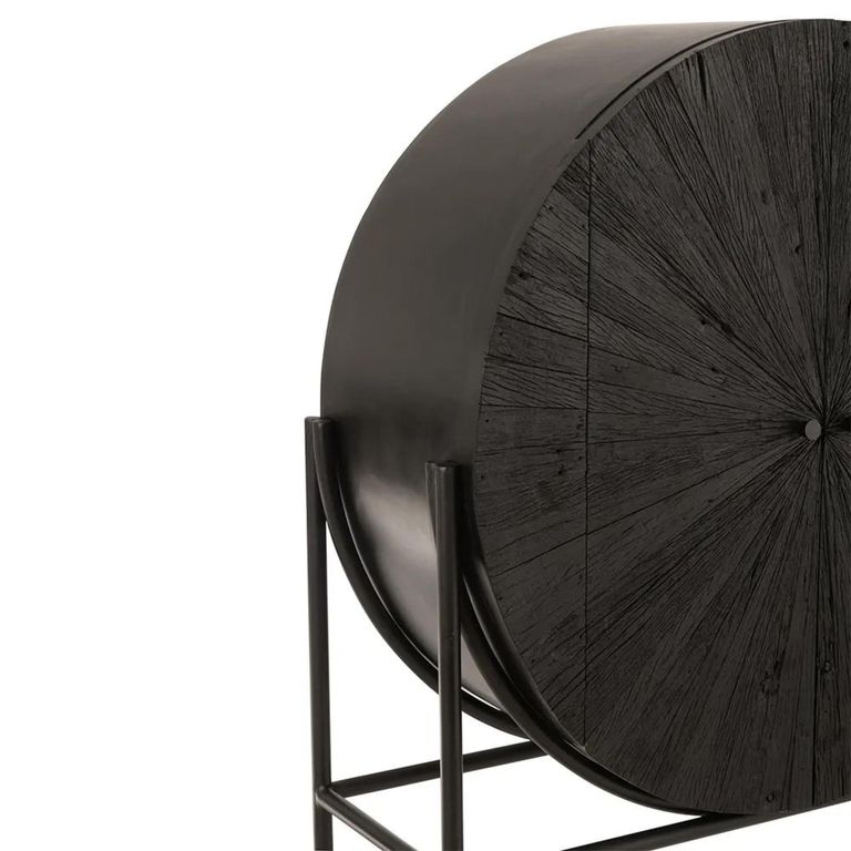 Shanil Bar Cabinet - 2 Door - Sunburst Desgin - Black - Recycled Sleeper Wood and Metal
