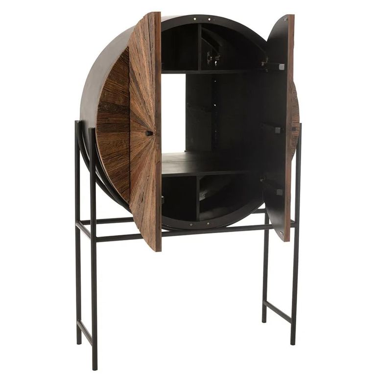 Shanil Bar Cabinet - 2 Door - Sunburst Desgin - Brown and Black - Recycled Sleeper Wood and Metal